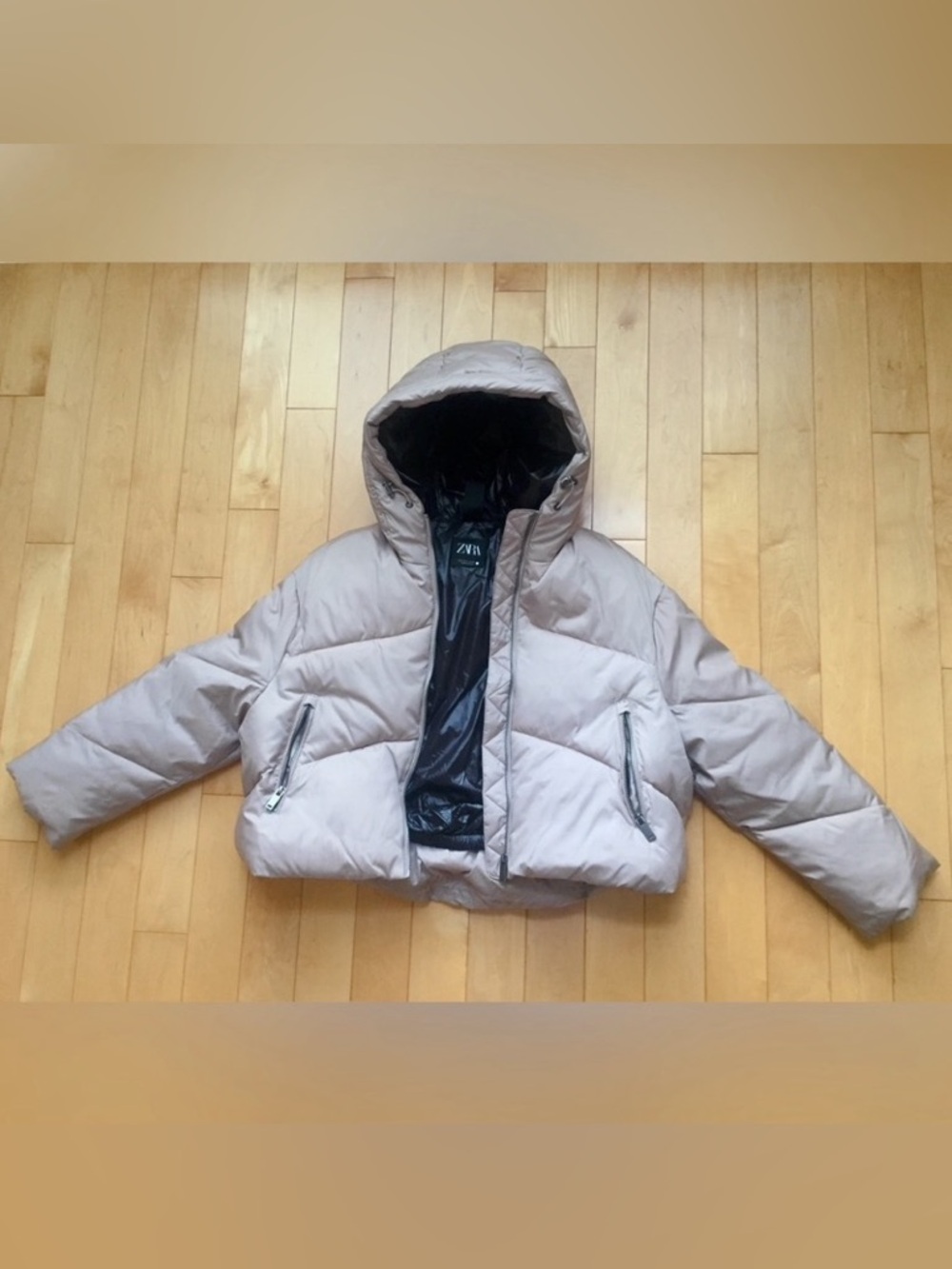 Zara Cropped Puffer Jacket Hooded Beige/Taupe Size S